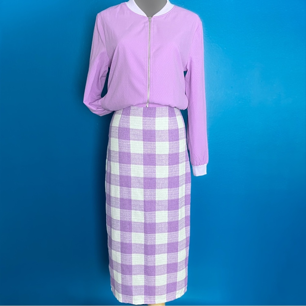 Collectif Bright & Beautiful Gingham Check Midi Pencil Skirt in Lilac US 2